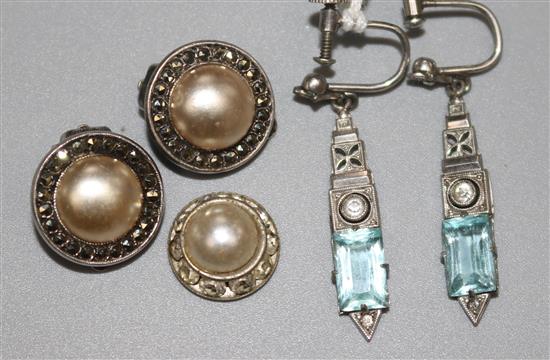 A pair of silver and paste drop earrings and a pair of paste earclips and one odd earclip